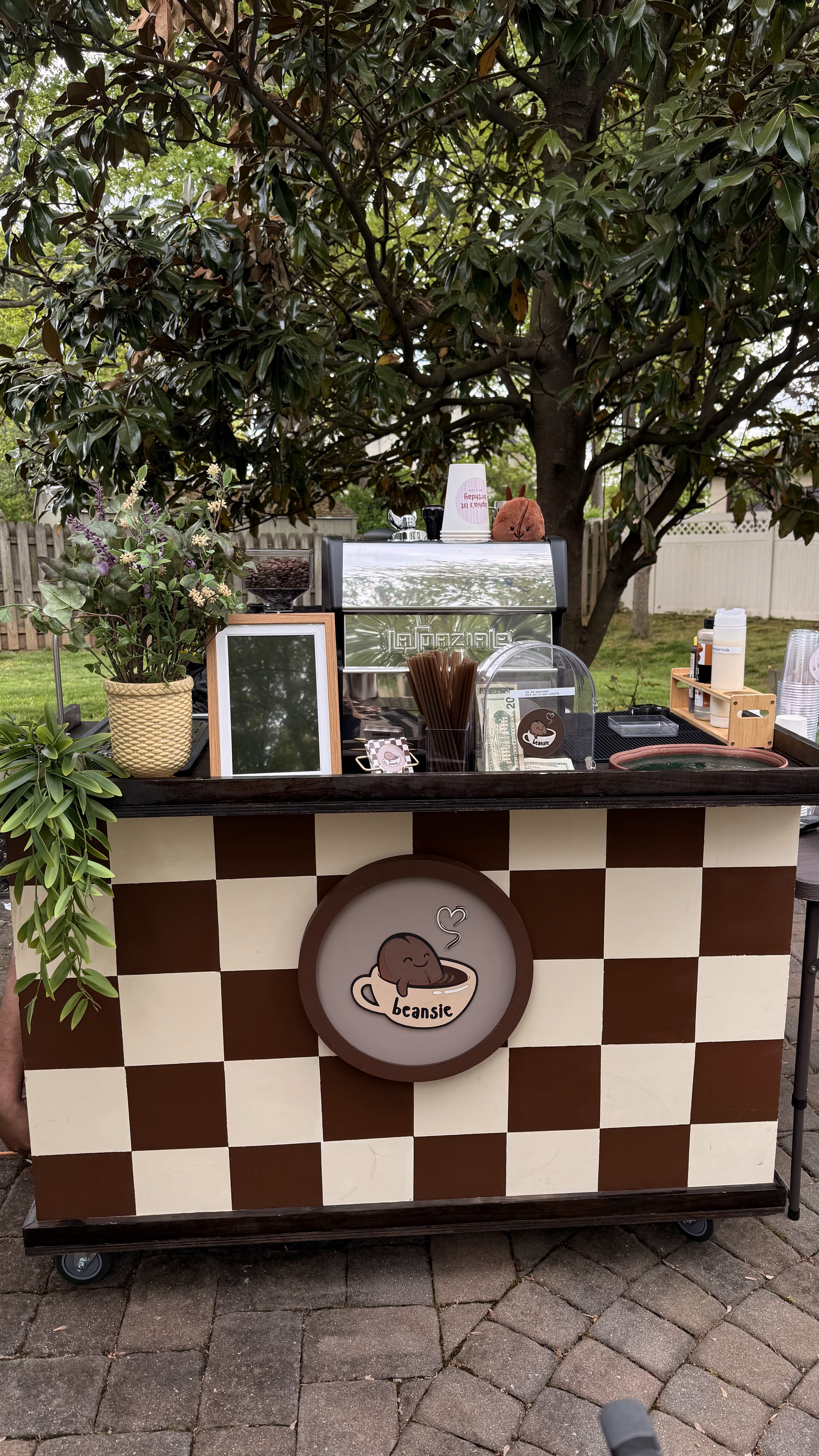 Beansie cart set up outdoors under a tree
