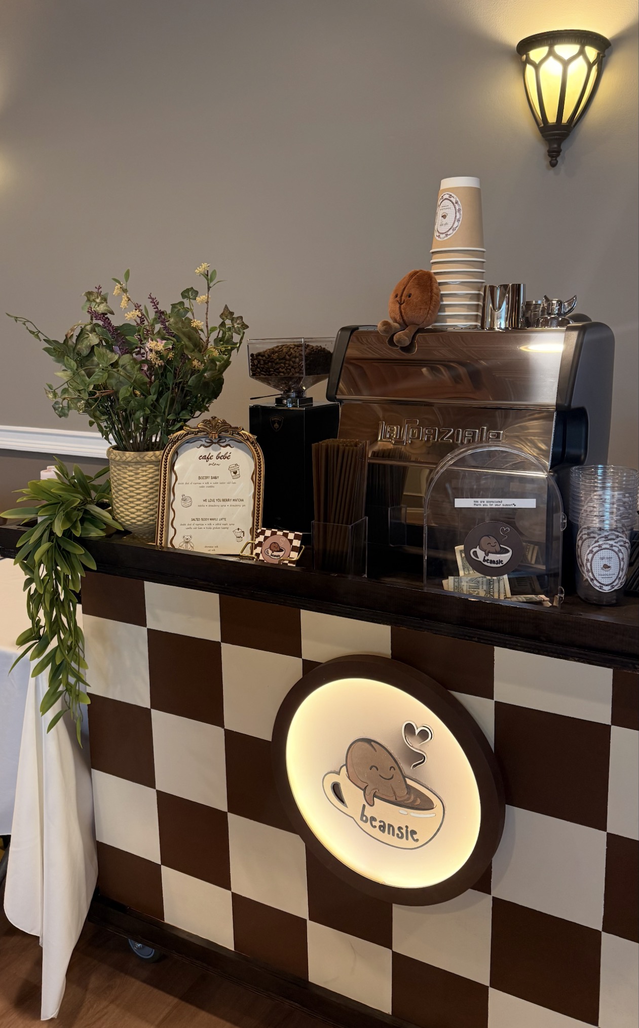 Beansie cart set up for an indoor evening event