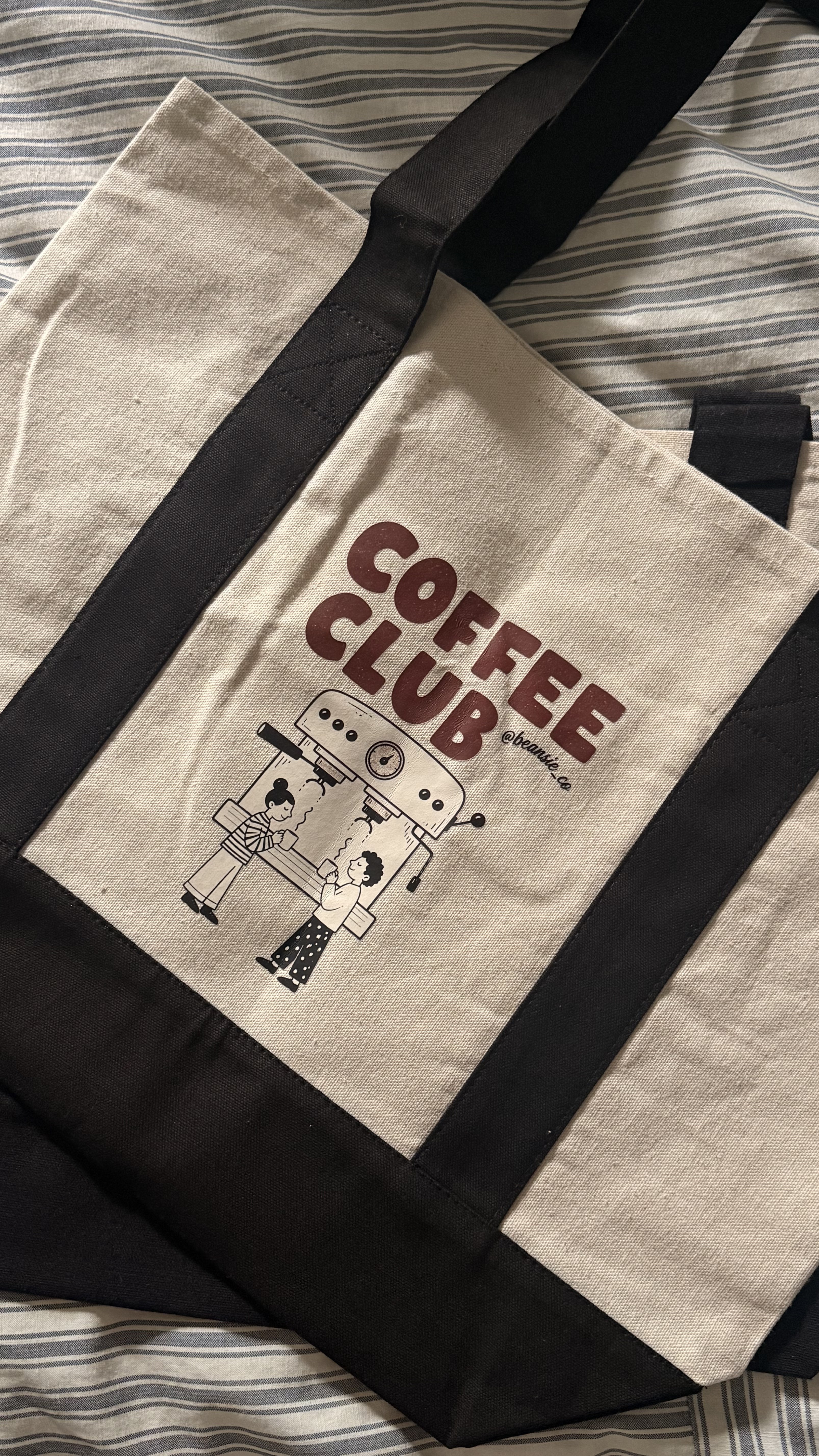 Beansie Coffee Club Tote, Coffee Club print